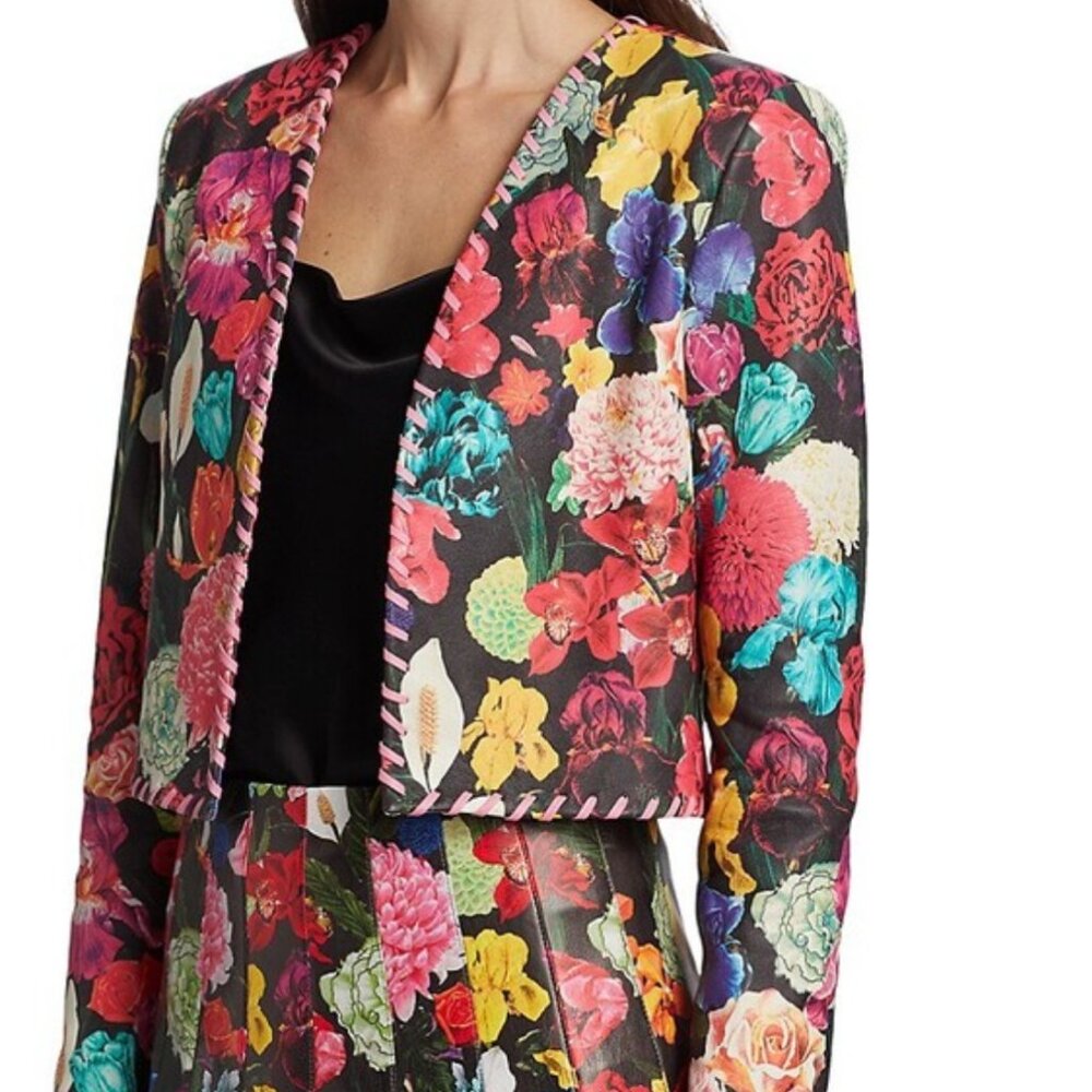 alice + olivia Zeta Stitch Collar Cropped Leather Box Jacket